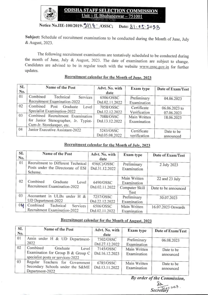 OSSC Announces Recruitment Exam Calendar for June, July & August 2023